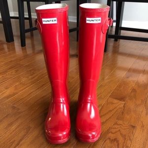 Red tall hunter boots